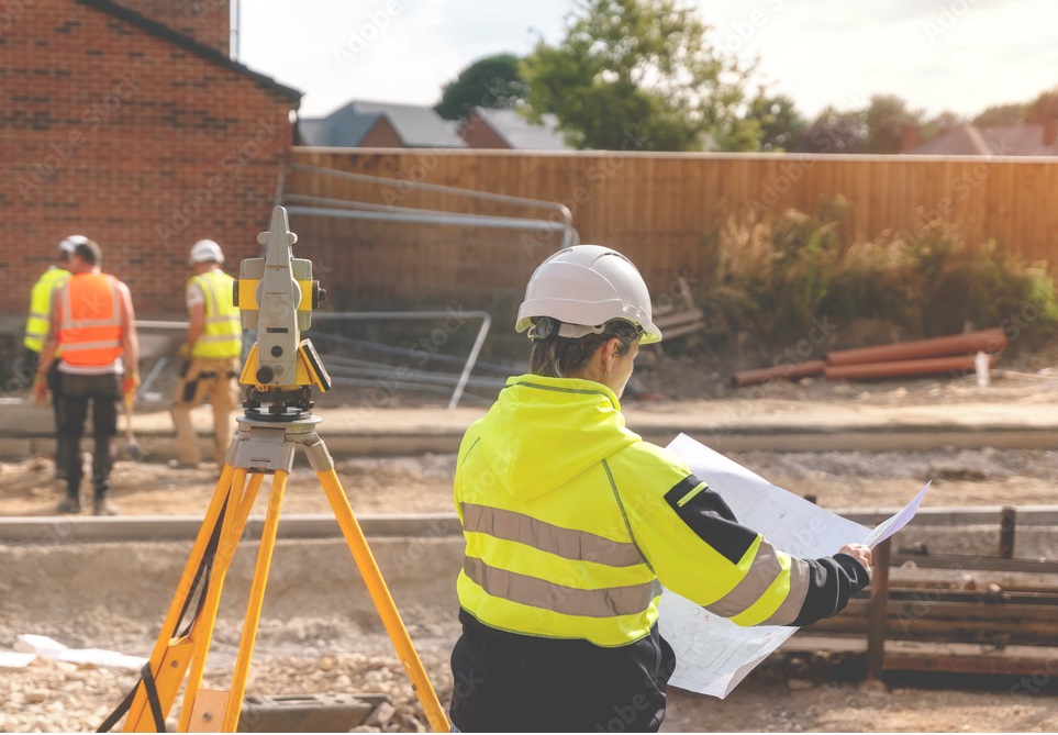 Geodeta wykonujący pomiary na placu budowy - usługi geodezyjne